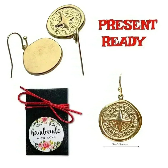 Compass gold coin earrings, nautical north star jewelry - Picture 3 of 11